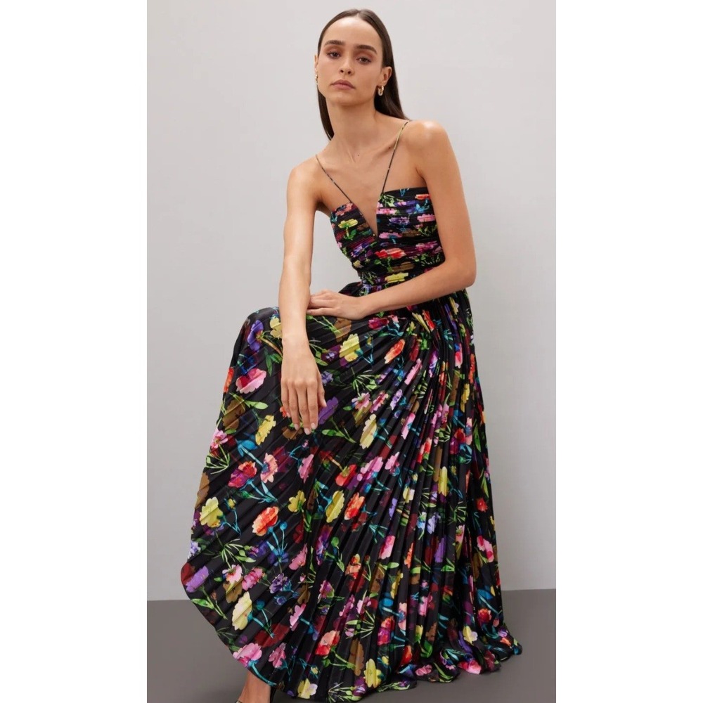 AiiFOS Floral Pleated Maxi Dress Black V-Neck Ruched Bodice Size 2